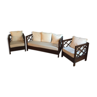 Bench 2 seats and armchairs in exotic wood