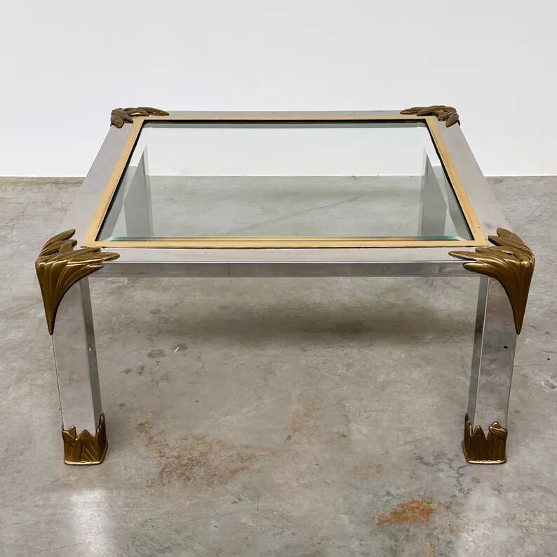 Vintage coffee table in chrome and brass adorned with sculpted leaf details, 1970s