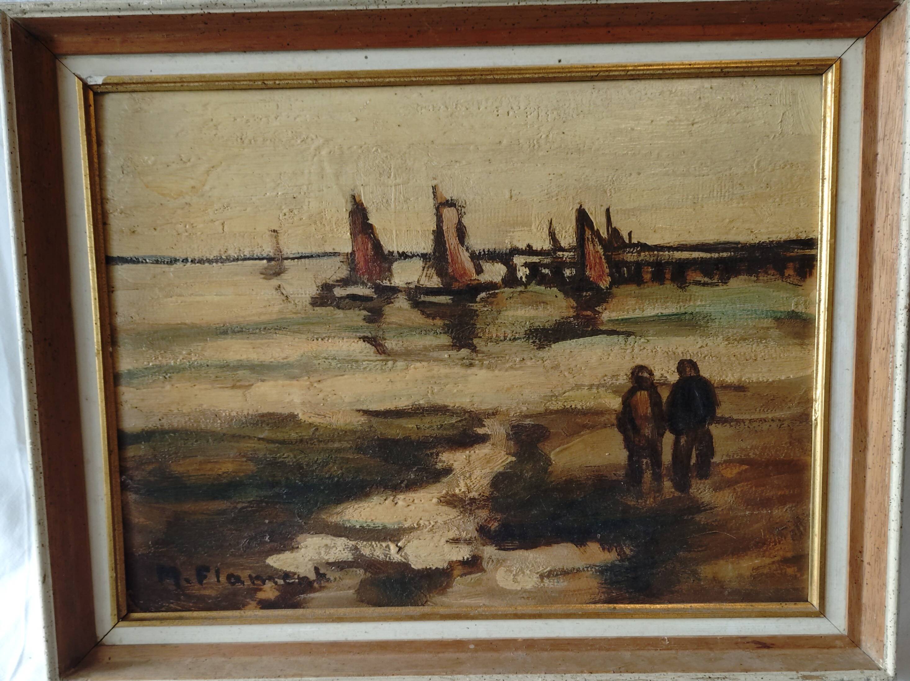 Vintage oil painting “Low tide and sailboats” – M. Florent –