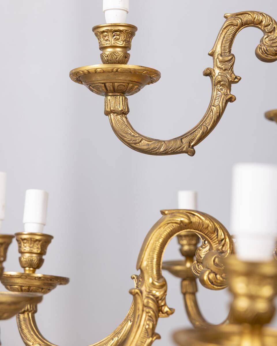 Classic 12 light golden bronze chandelier from the mid-20th century
