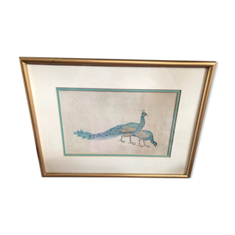Ancien tableau dessin aquarelle vue paons + cadre doré vintage