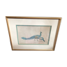 Old painting drawing watercolor view peacocks + vintage golden frame