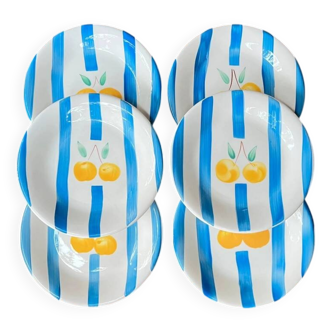 Lot de 6 assiettes plates TRECI Italie – Porcelaine peinte main cerises vin