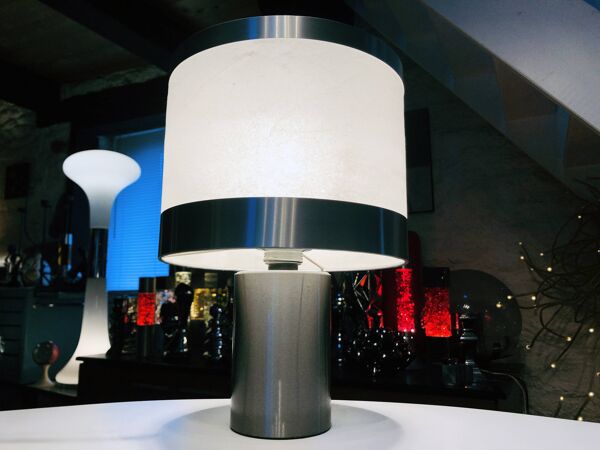 Lampe de table vintage • gioffredo reggiani • cylindre • acier brossé • 1970