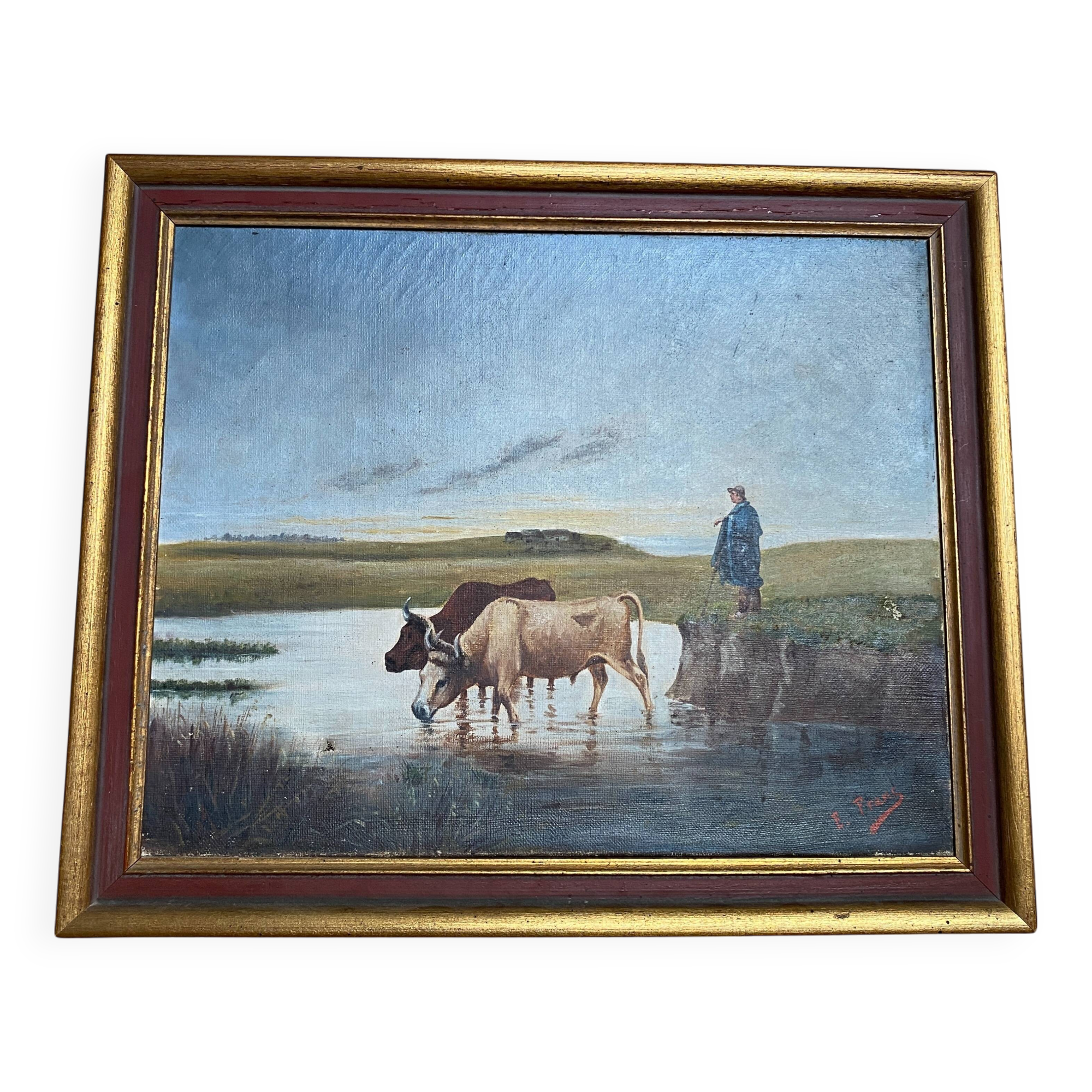 Painting Pastoral Scene at the River – French School, late 19th century