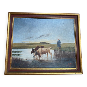 Painting Pastoral Scene at the River – French School, late 19th century