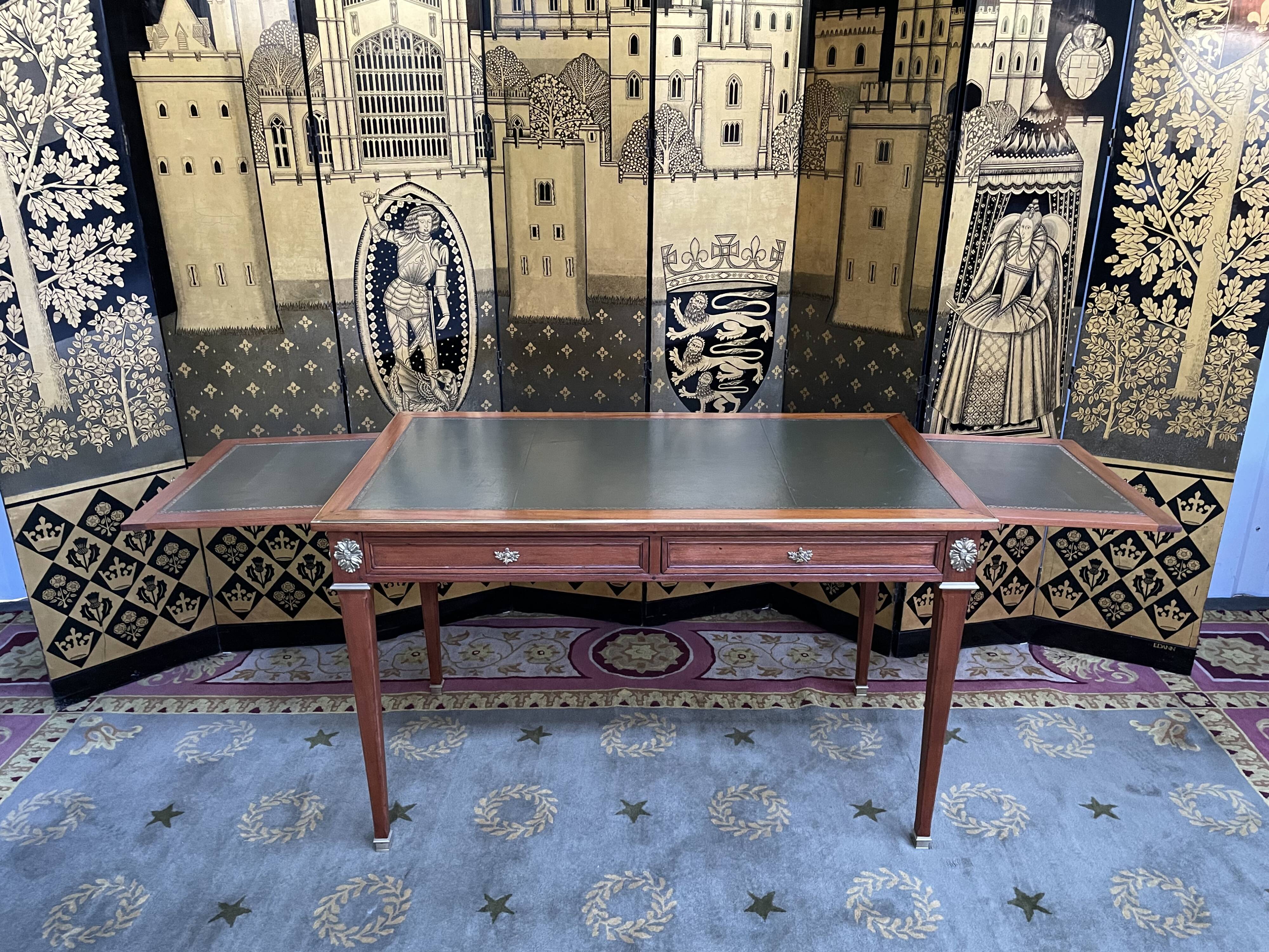 Flat desk in mahogany and leather style Louis XVI restored
