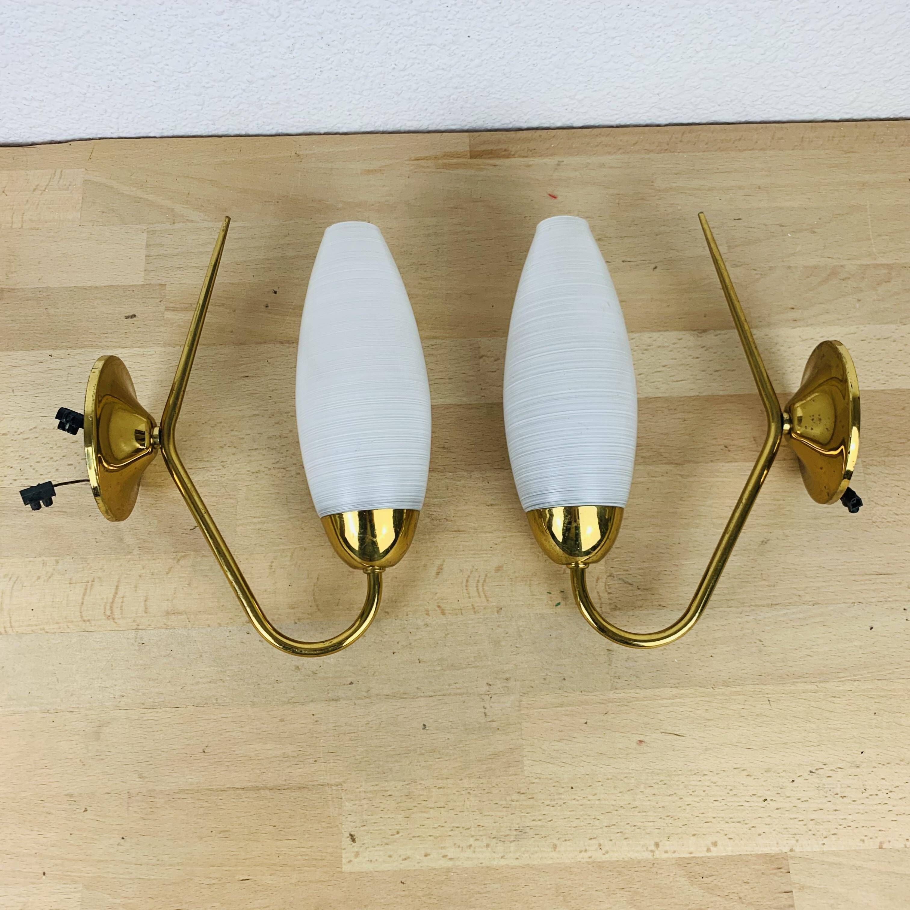 Pair of opaline brass wall lights from the 50s, Arlus, Lunel
