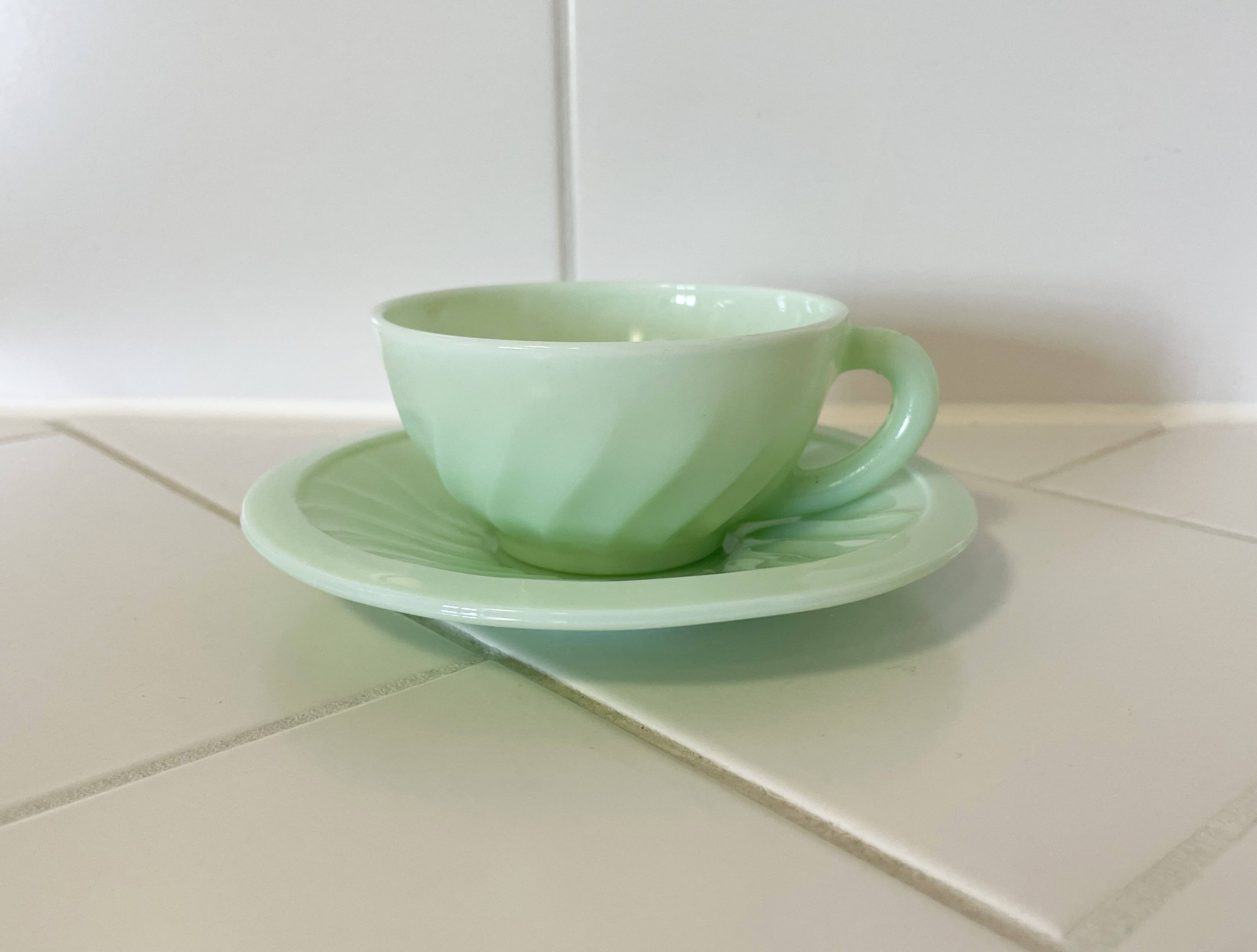 Mint Green Opaline Coffee Cup and Saucer with Swirl Motif, Vintage Art Deco