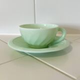 Mint Green Opaline Coffee Cup and Saucer with Swirl Motif, Vintage Art Deco