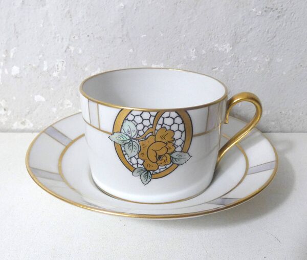 Service café thé Limoges Ribes porcelaine or argent nacre irisé Art Déco