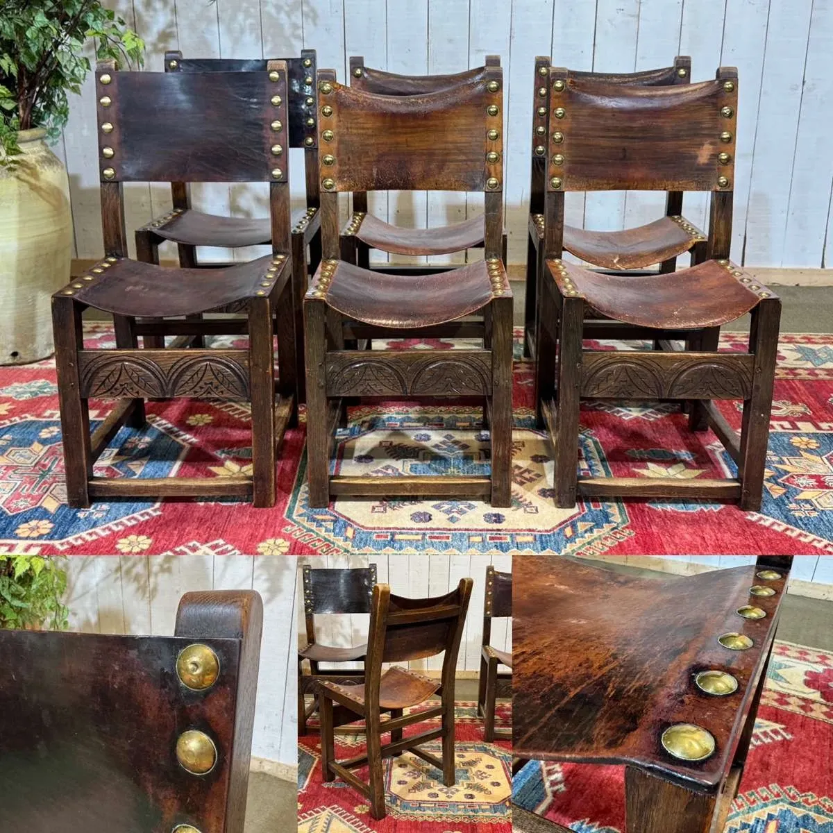 Set of 6 English chairs in oak and fine leather from the late 19th century.