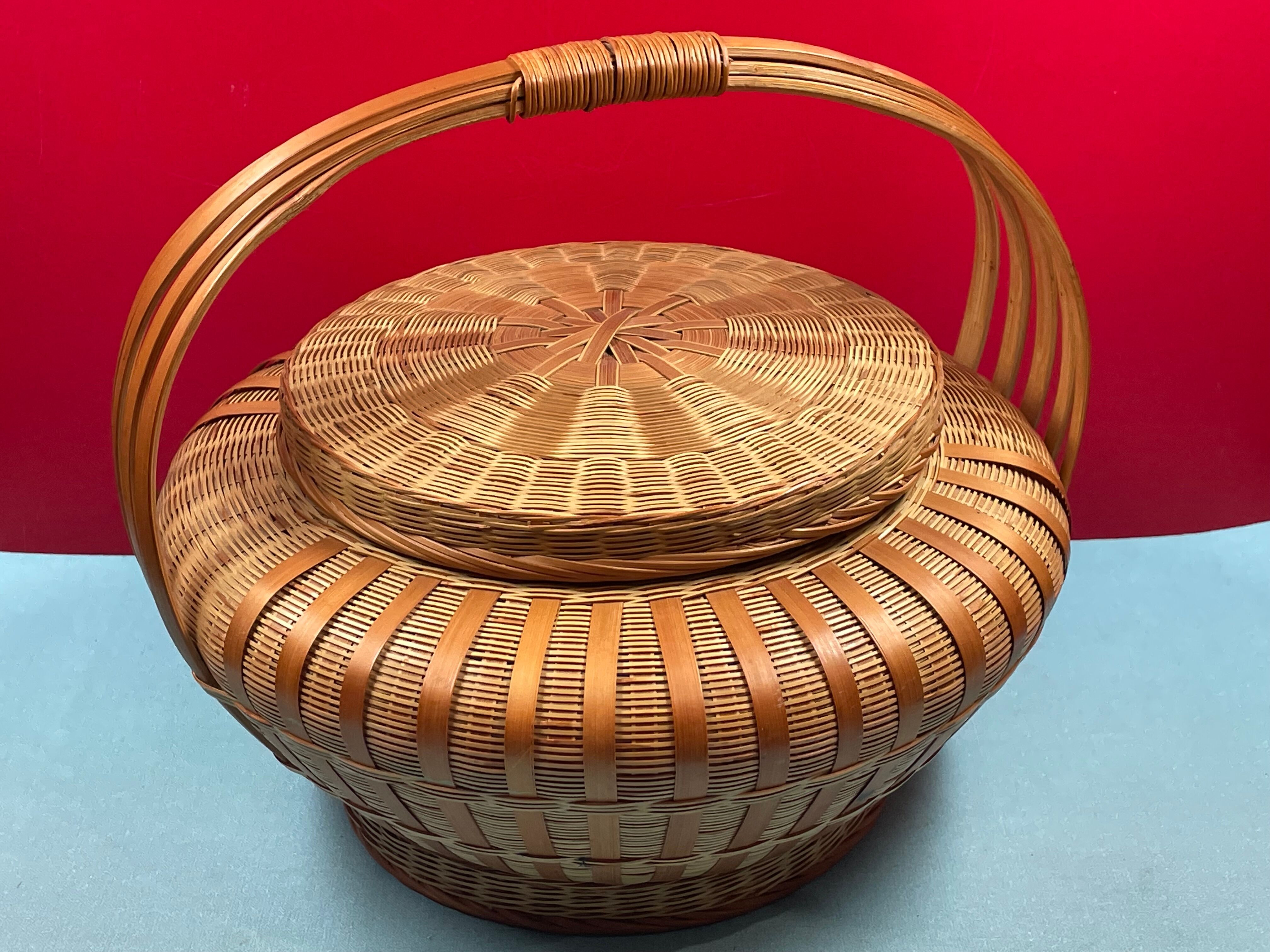 Worker vintage wicker covered basket