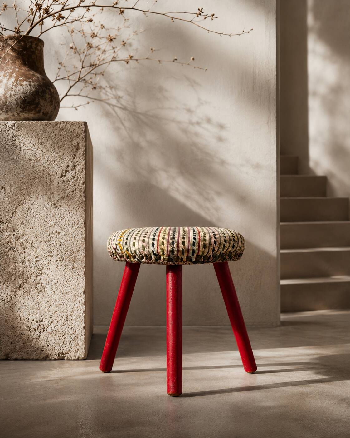 Vintage Tripod Stool Kilim Red Oval Footrest 35cm Firm