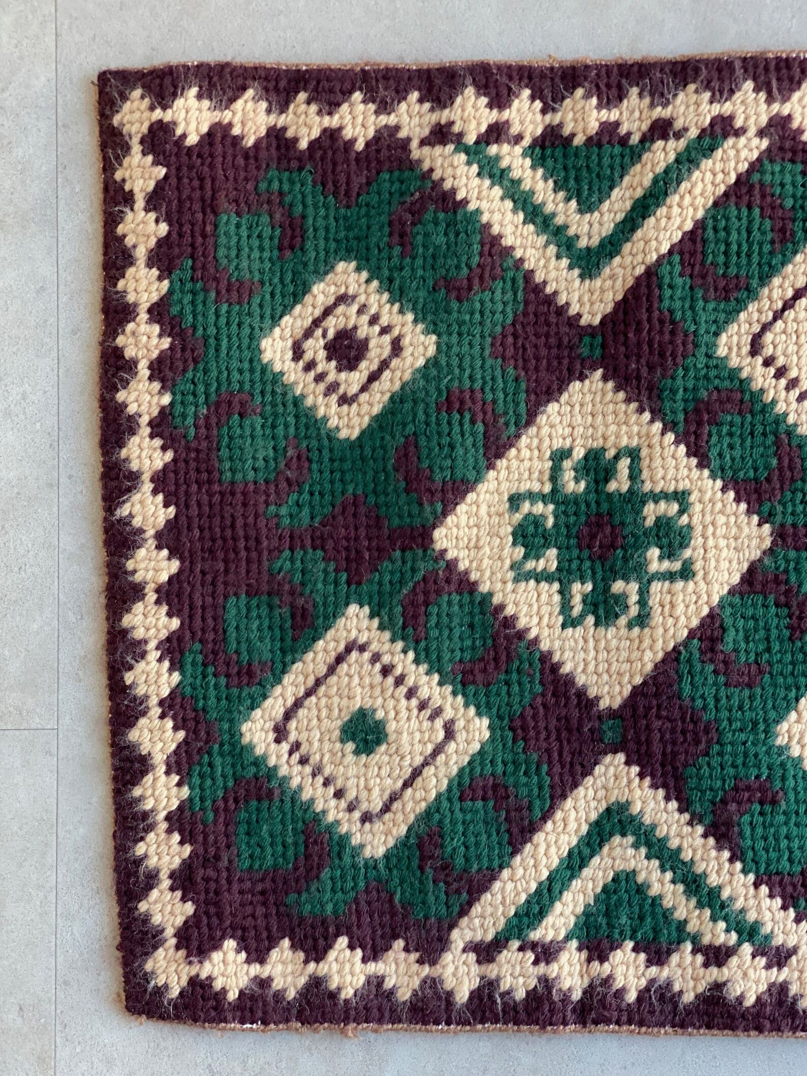 Hand knotted runner rug / table runner in brown - green - beige