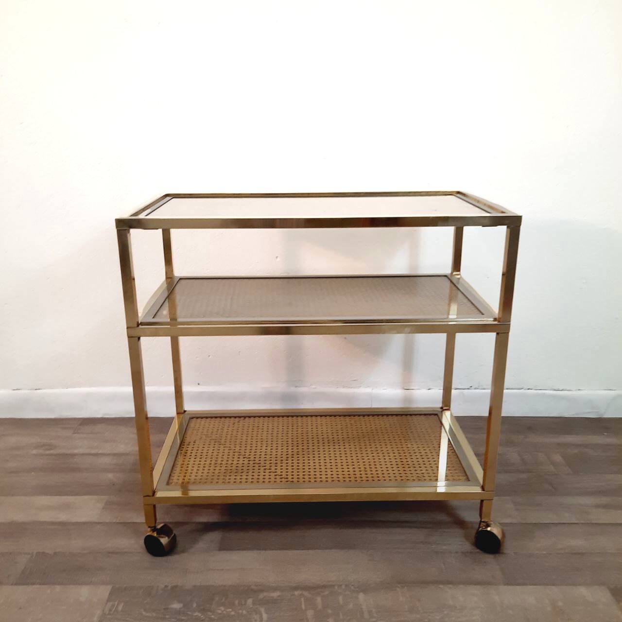 Trolley with wheels, wicker, brass and steel