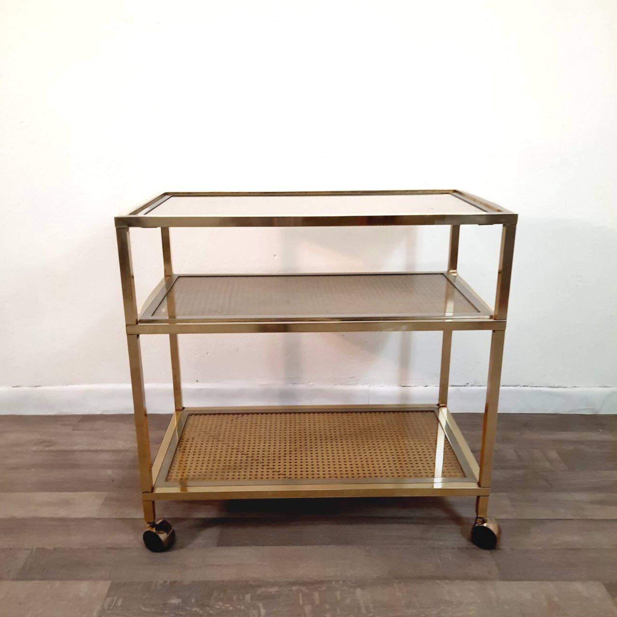 Trolley with wheels, wicker, brass and steel