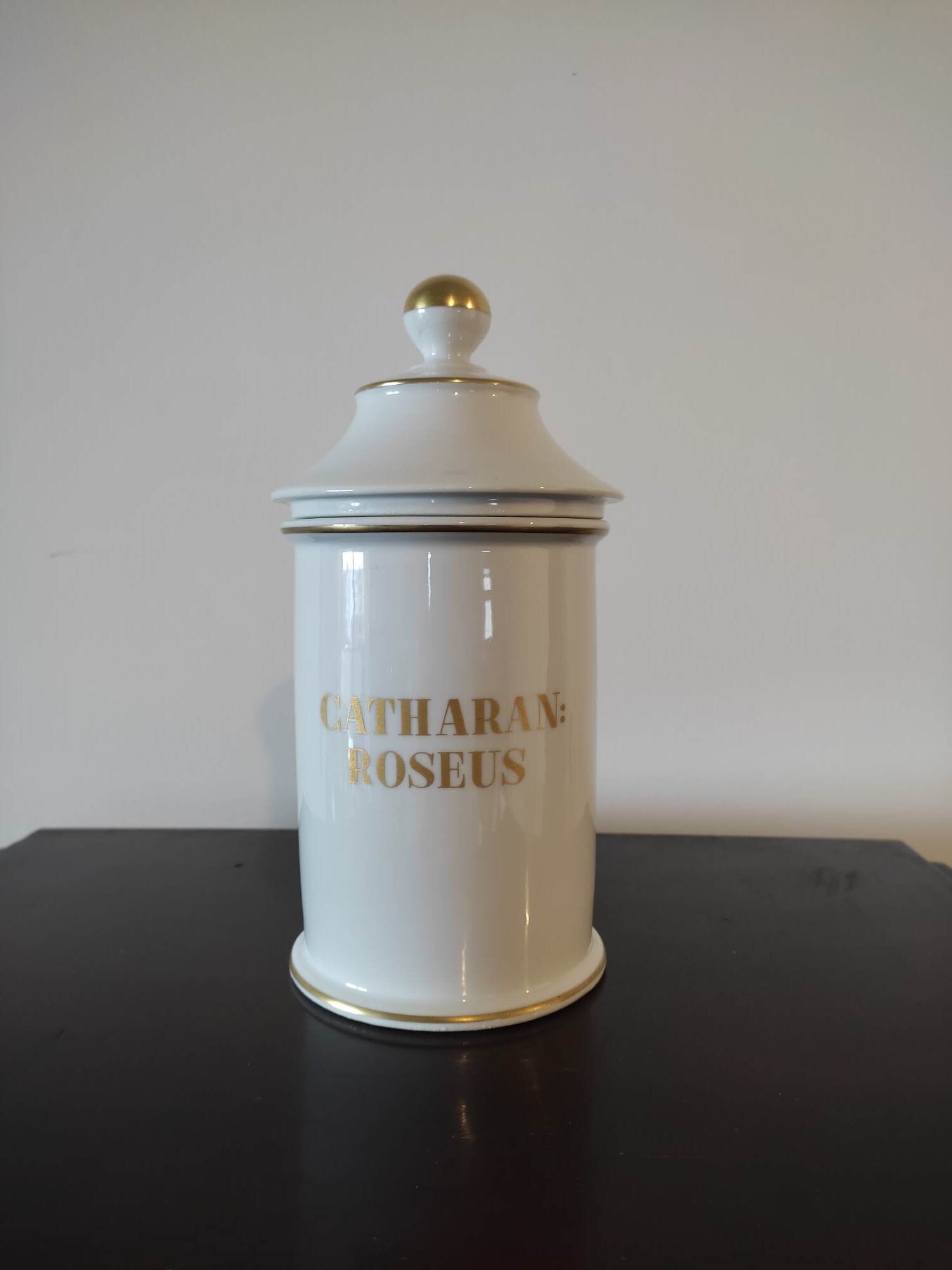 Pharmacy / apothecary pot in white earthenware decorated with gold net, "Catharan: Roseus signed Limoges