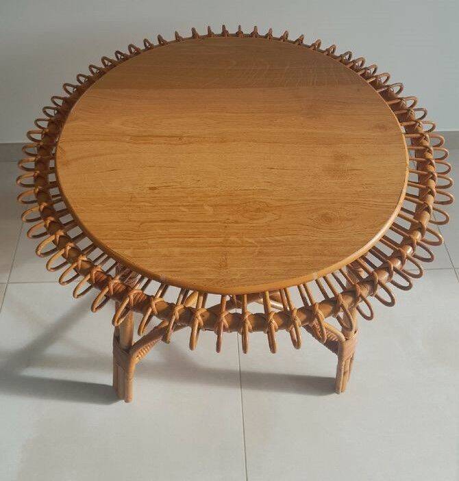 Table basse soleil en rotin vintage