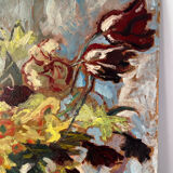 Bouquet of flowers on a red tablecloth, knife on a board, signed Renzo.