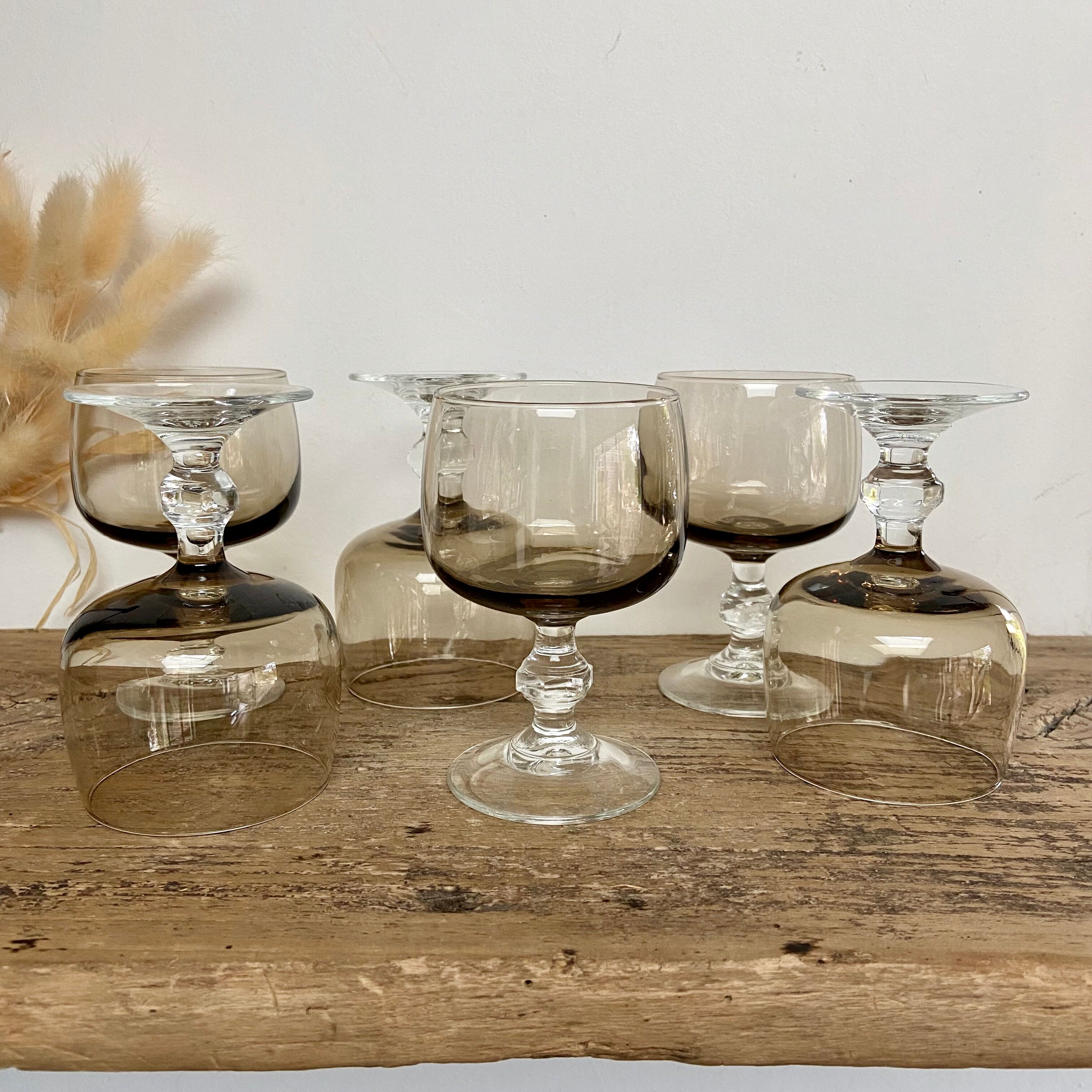 6 small vintage smoked stemmed glasses