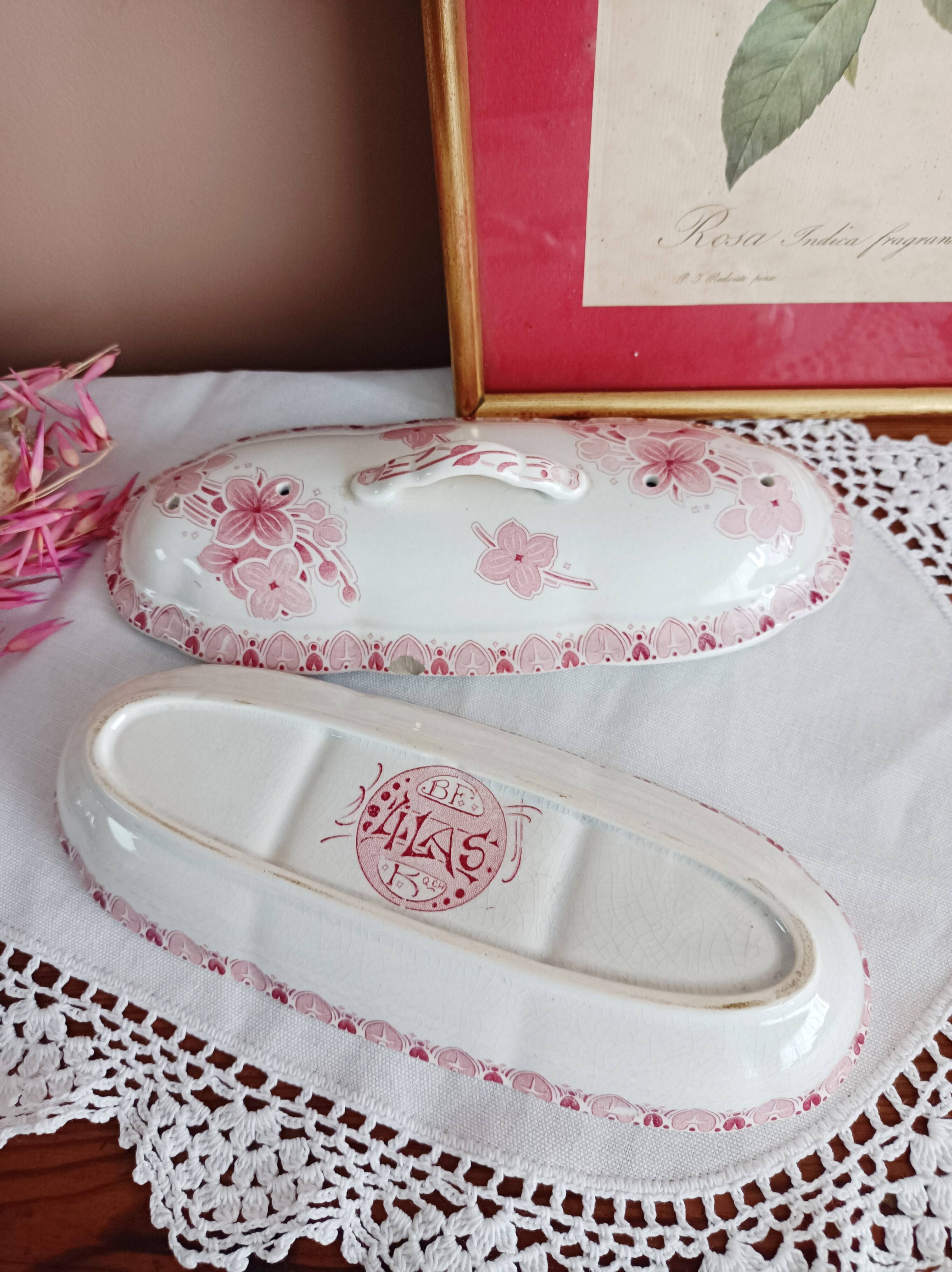 Soap dish, comb holder, ironstone, BFK, Lilac