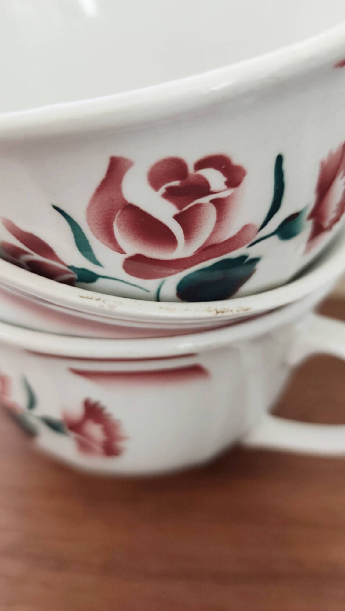 Trio of large antique chocolate cups (Fénal Badonviller – “Red Rose” decoration)