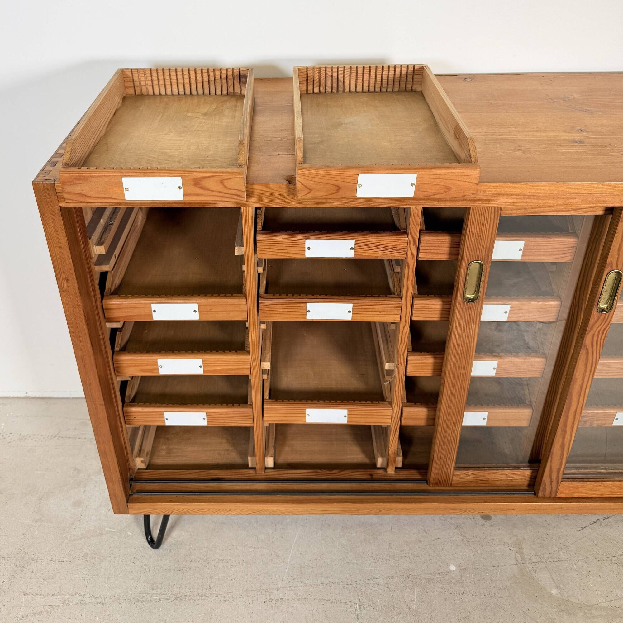 Vintage German Pine Sideboard / Sorting Cabinet with 24 Drawers & Glass Sli