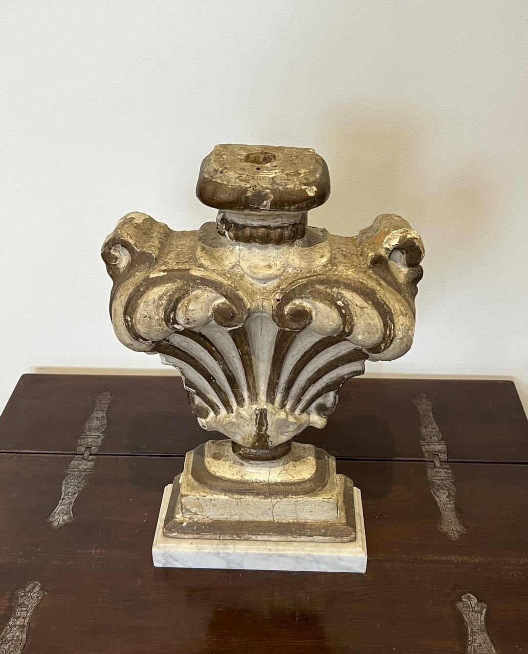 Decorative Element in Carved Wood on a Carrara Marble Base, Baroque I