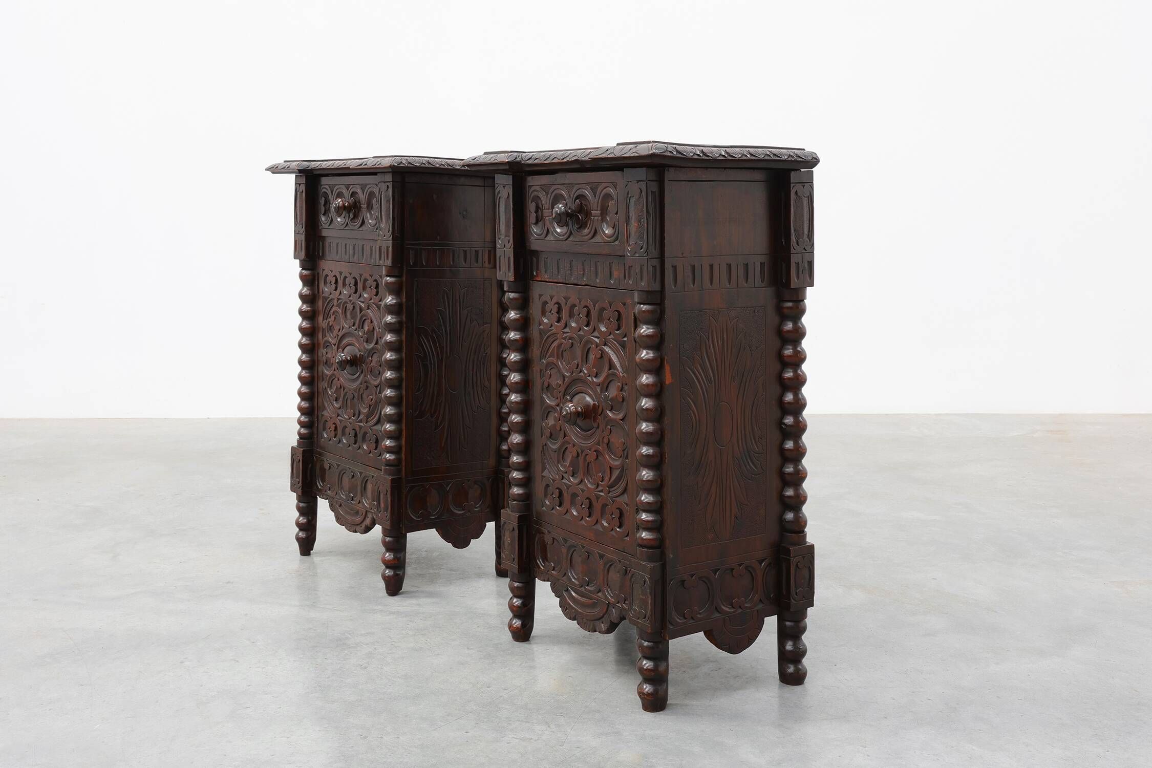 Pair of Breton Carved Oak Bedside Cabinets, France, circa 1900