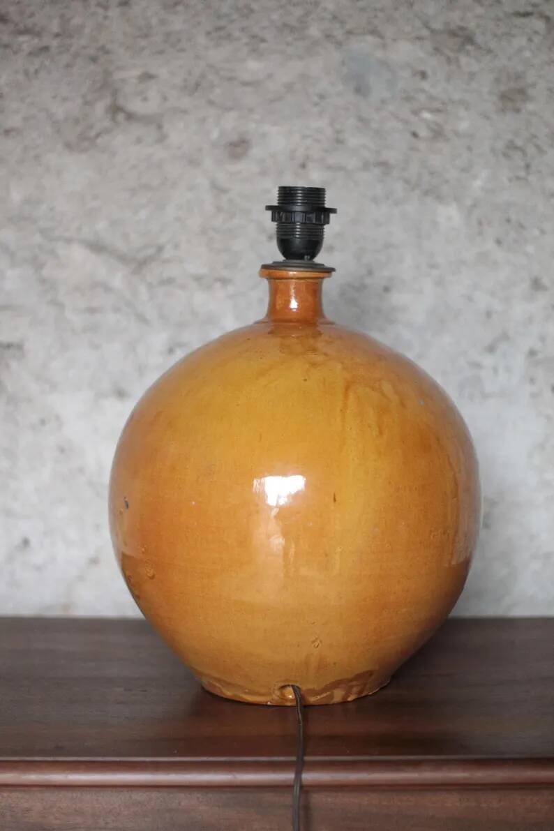 Large glazed terracotta lamp, signed globe lamp, vintage lamp, table lamp, living room lamp, interior decoration.
