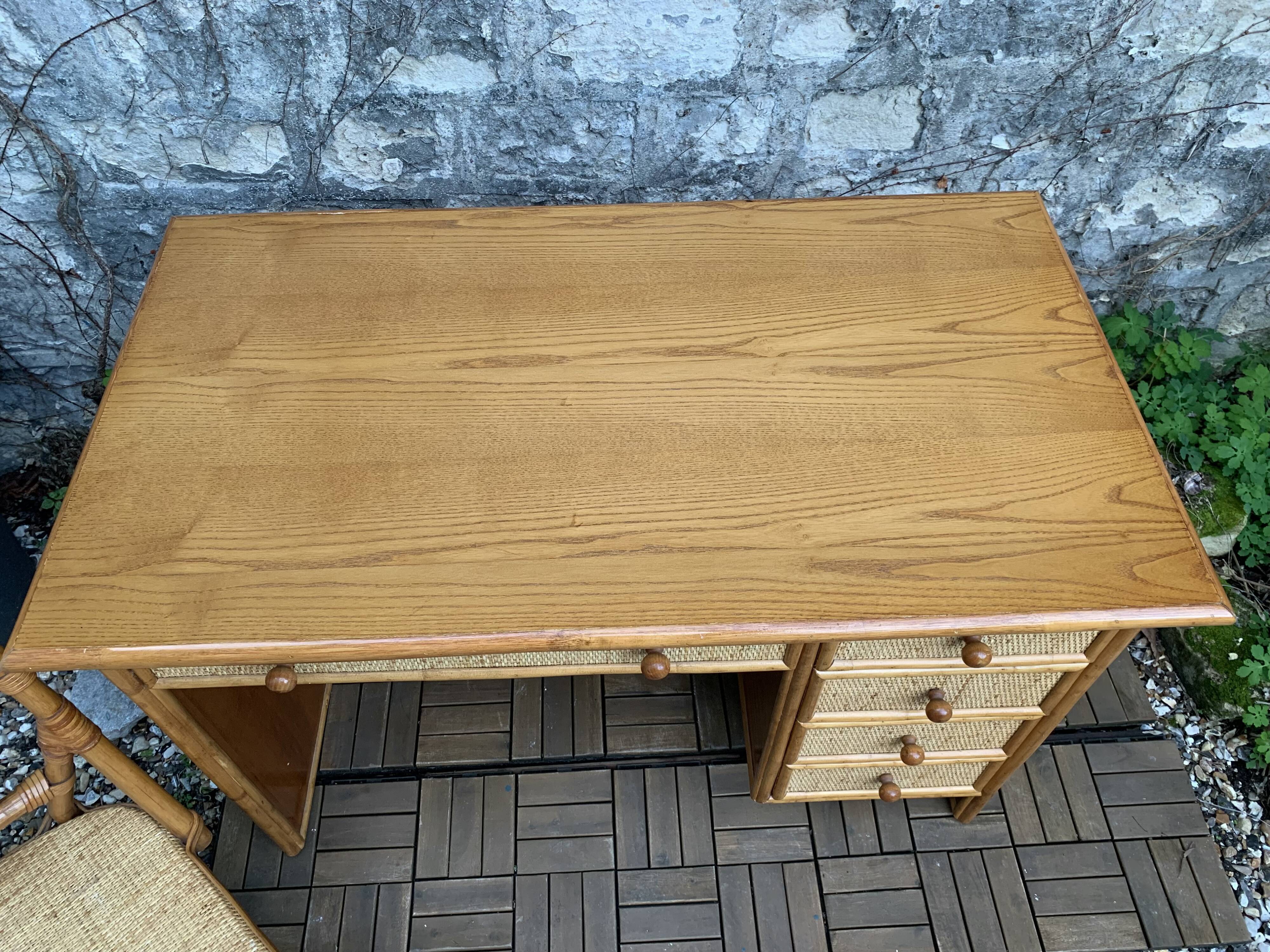 Vintage rattan and woven wicker desk 1970