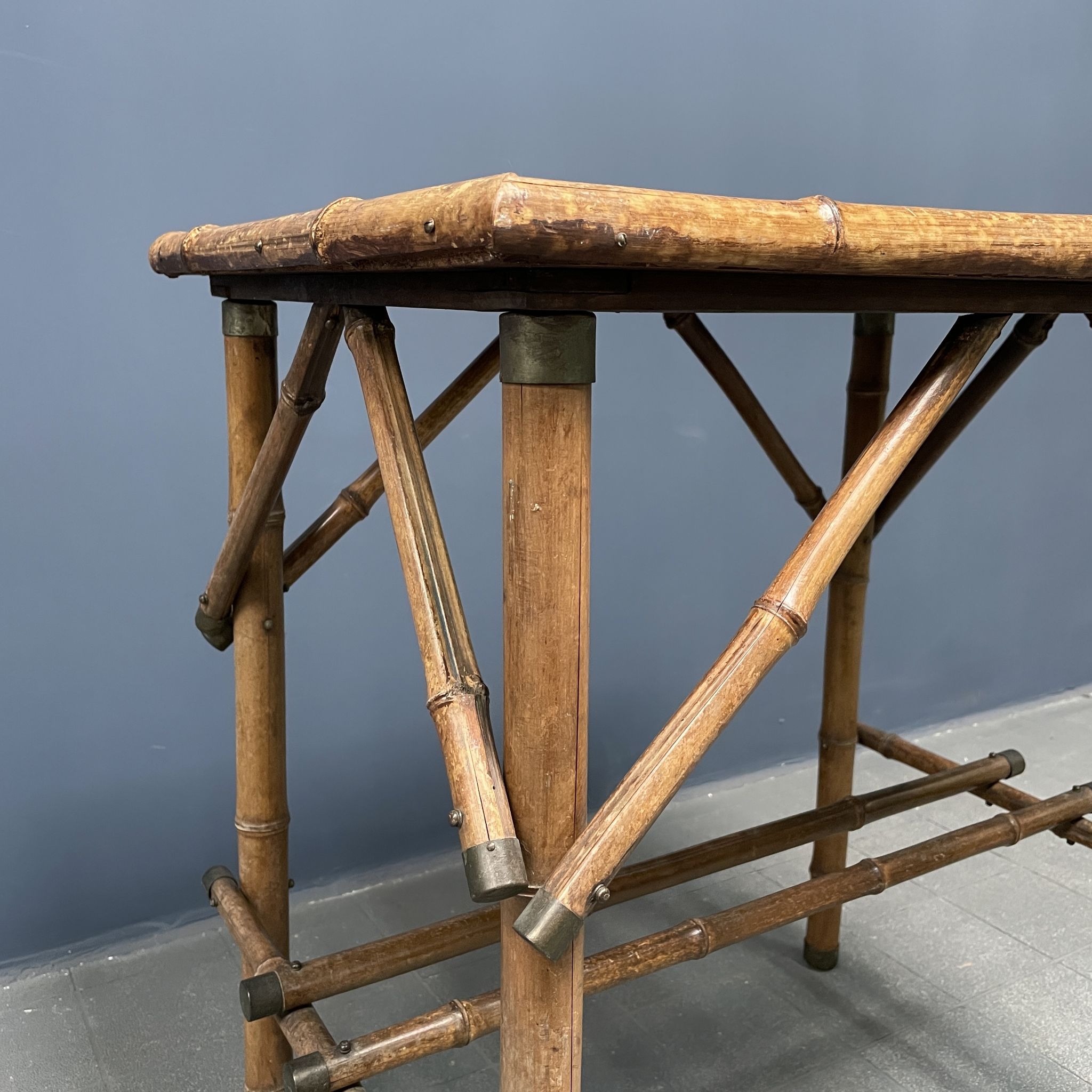 Bamboo side table with mirror top from France, 1940s