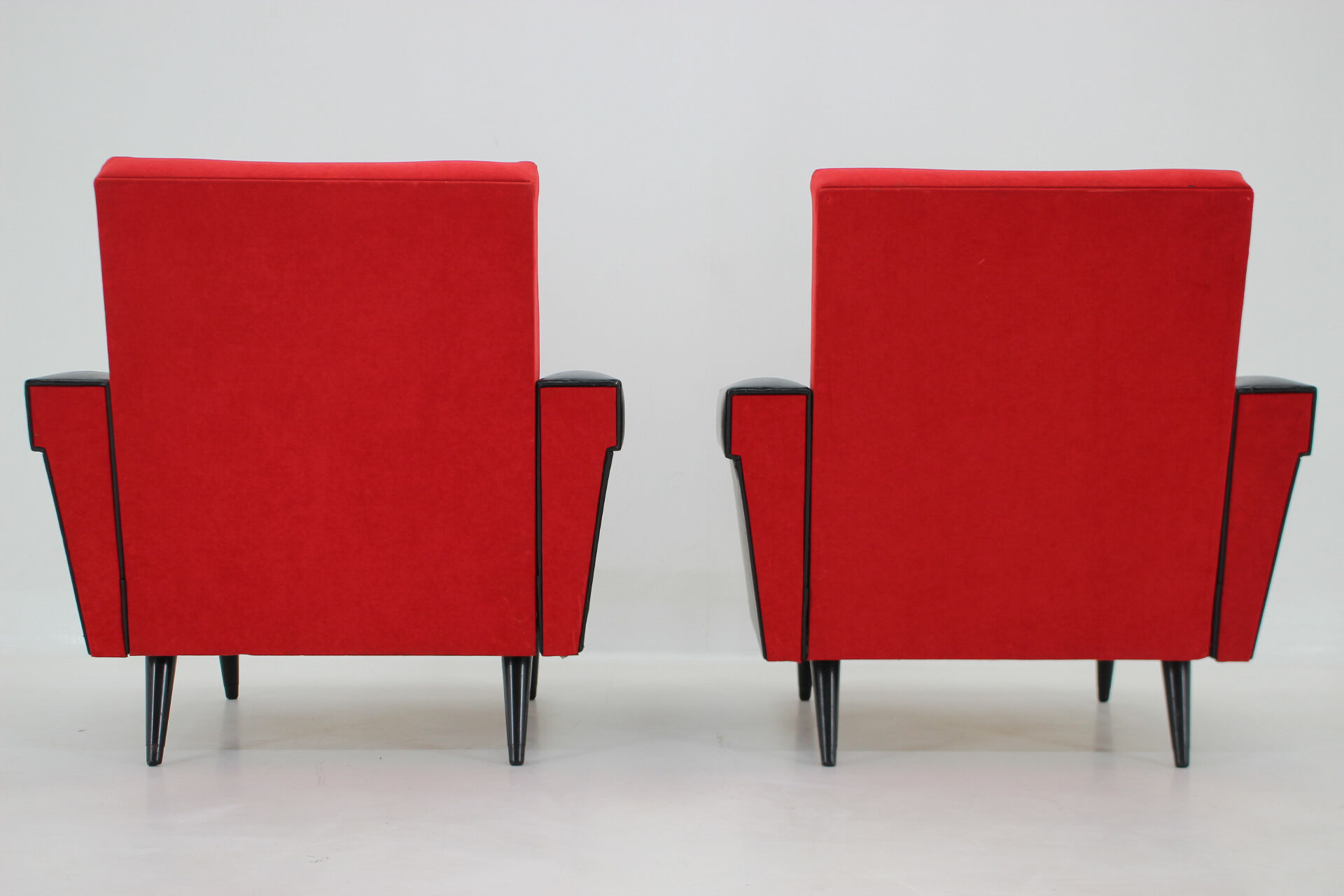 1970's pair of leatherette and red fabric armchairs, Czechoslovakia