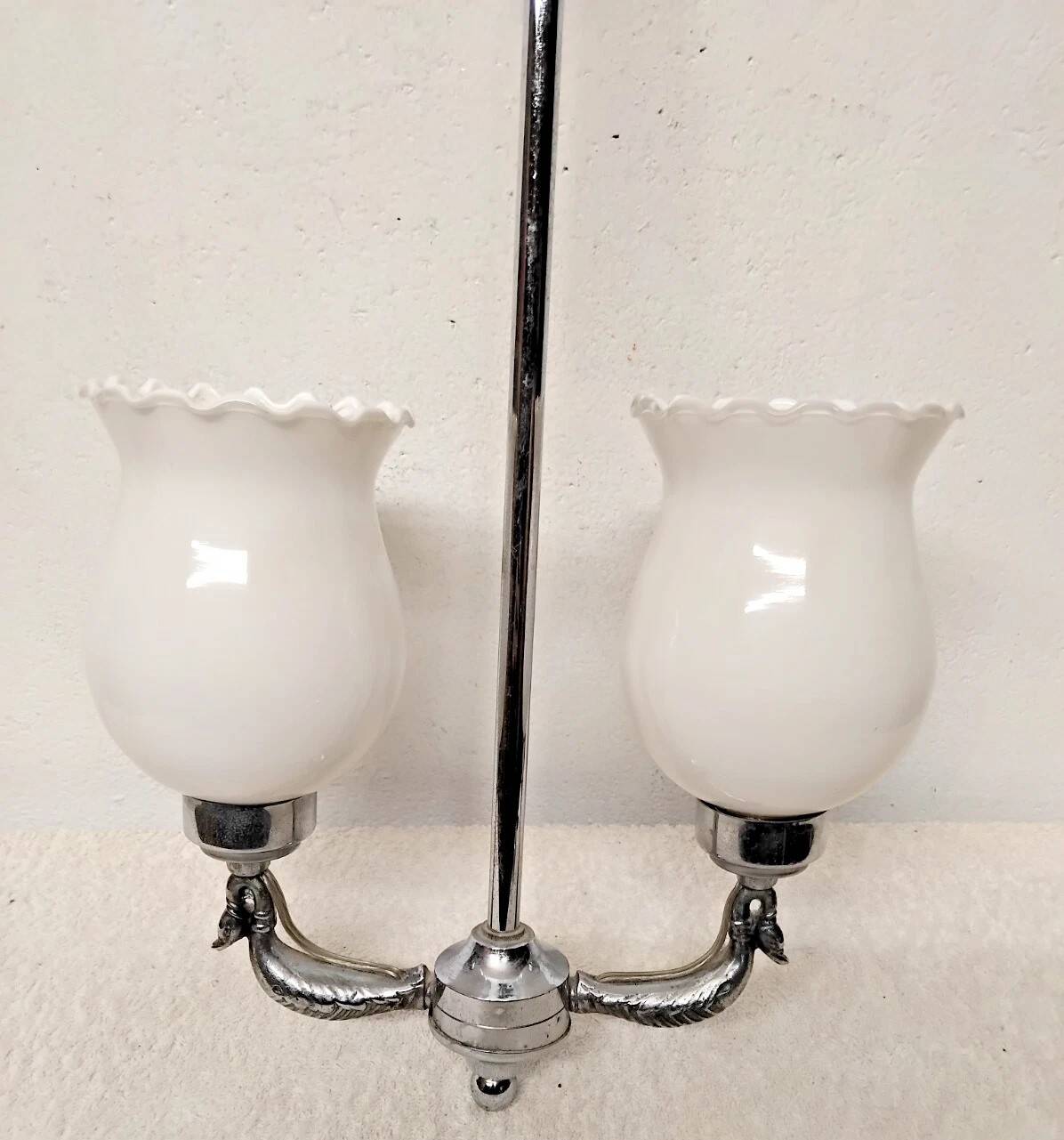Vintage opaline lampshade chrome duck 2-arm chandelier