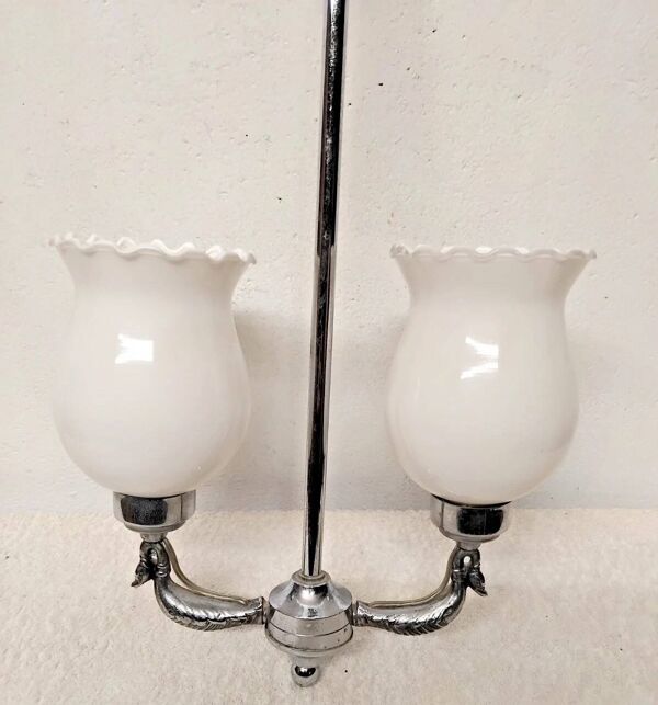 Ancien lustre 2 bras canards chromé - abats jour opaline vintage