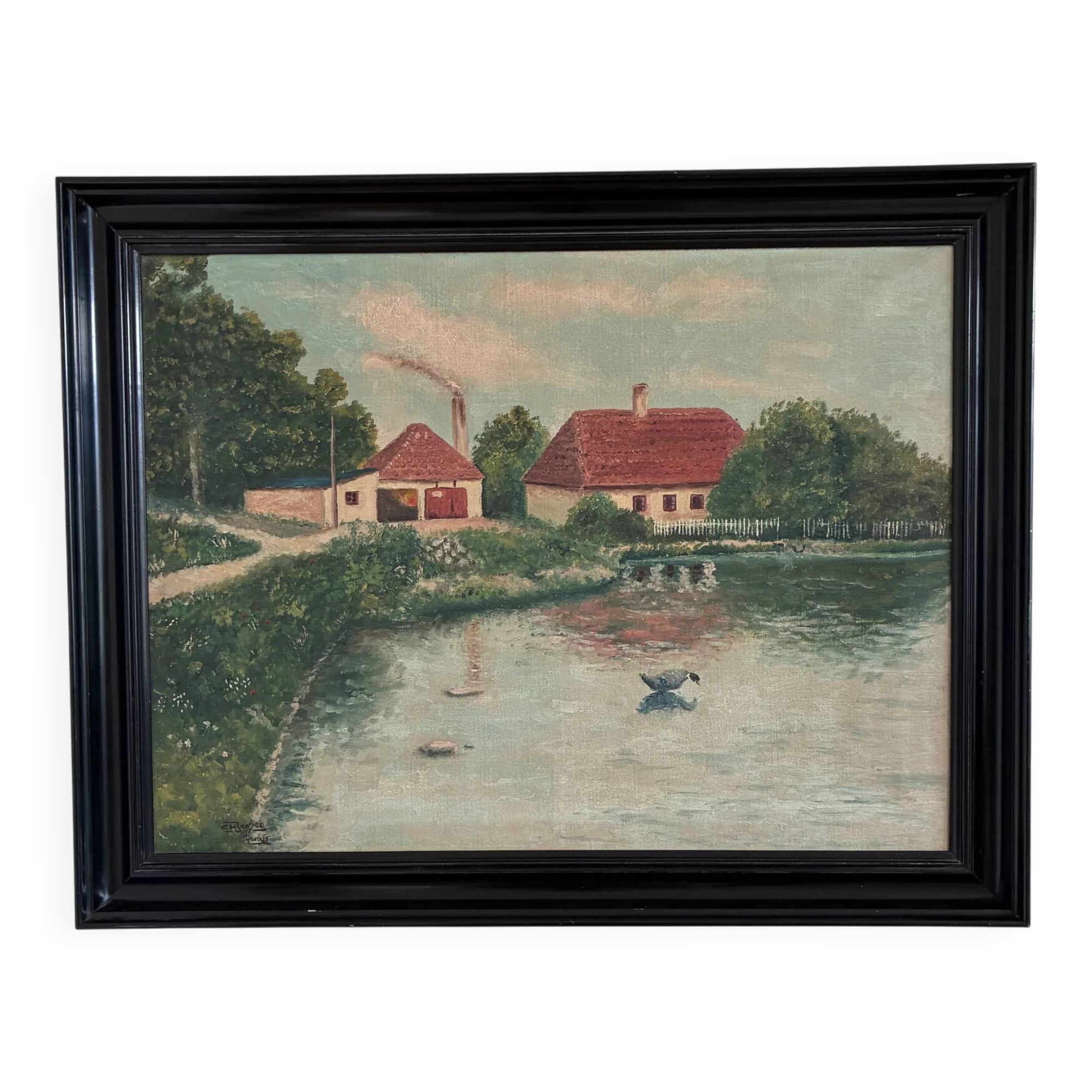 Vintage original landscape oil painting, signed farmhouse art