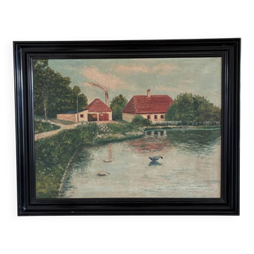 Vintage original landscape oil painting, signed farmhouse art
