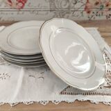 Set of 6 small white porcelain dinner plates with gold trim