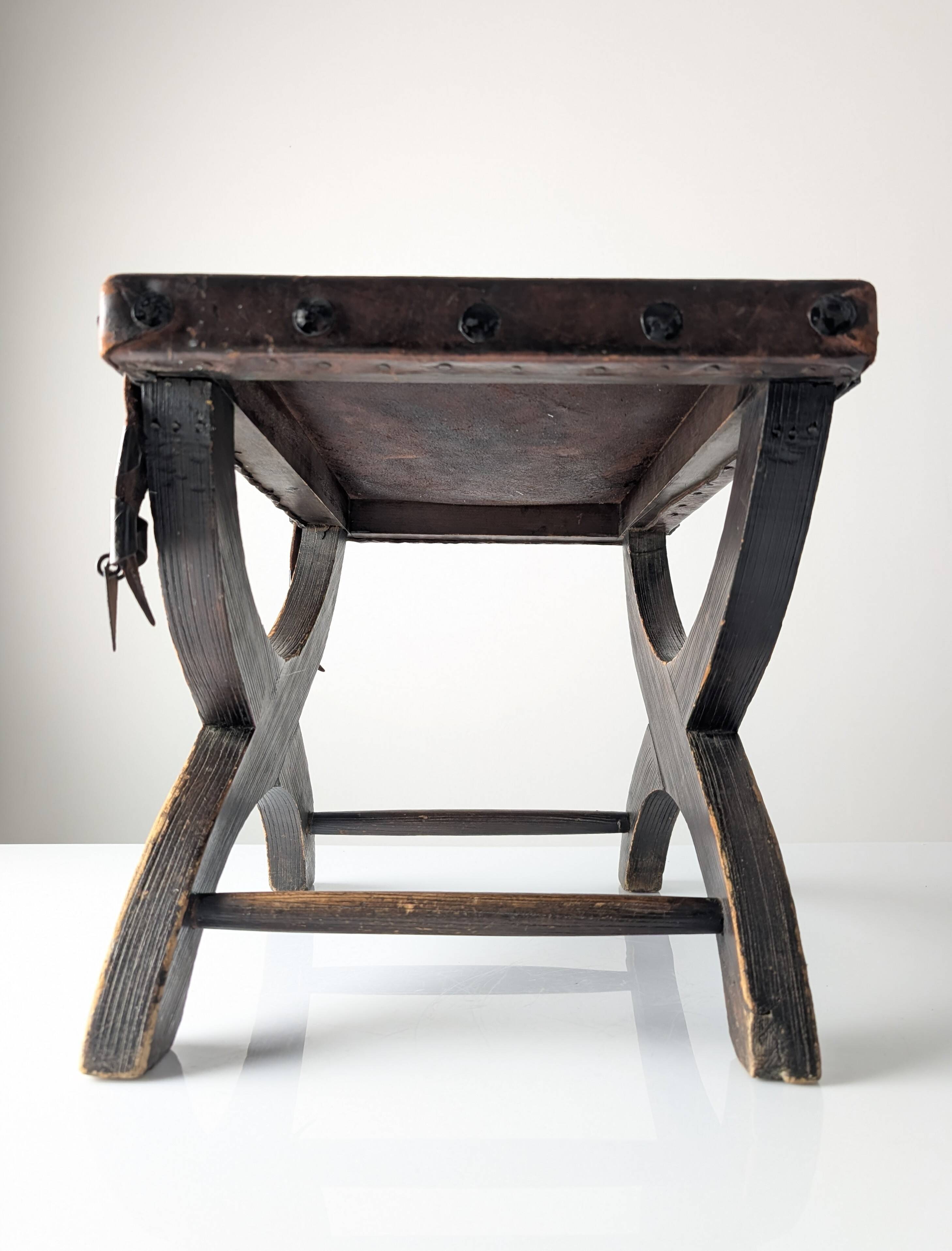 Colonial Curule Stool in Leather and Wrought Iron, Mexico, 1940s