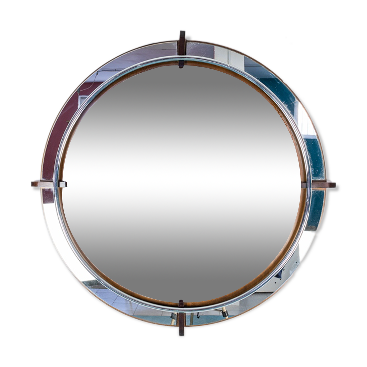 Miroir rond en bois design années 70 vintage - 96cm