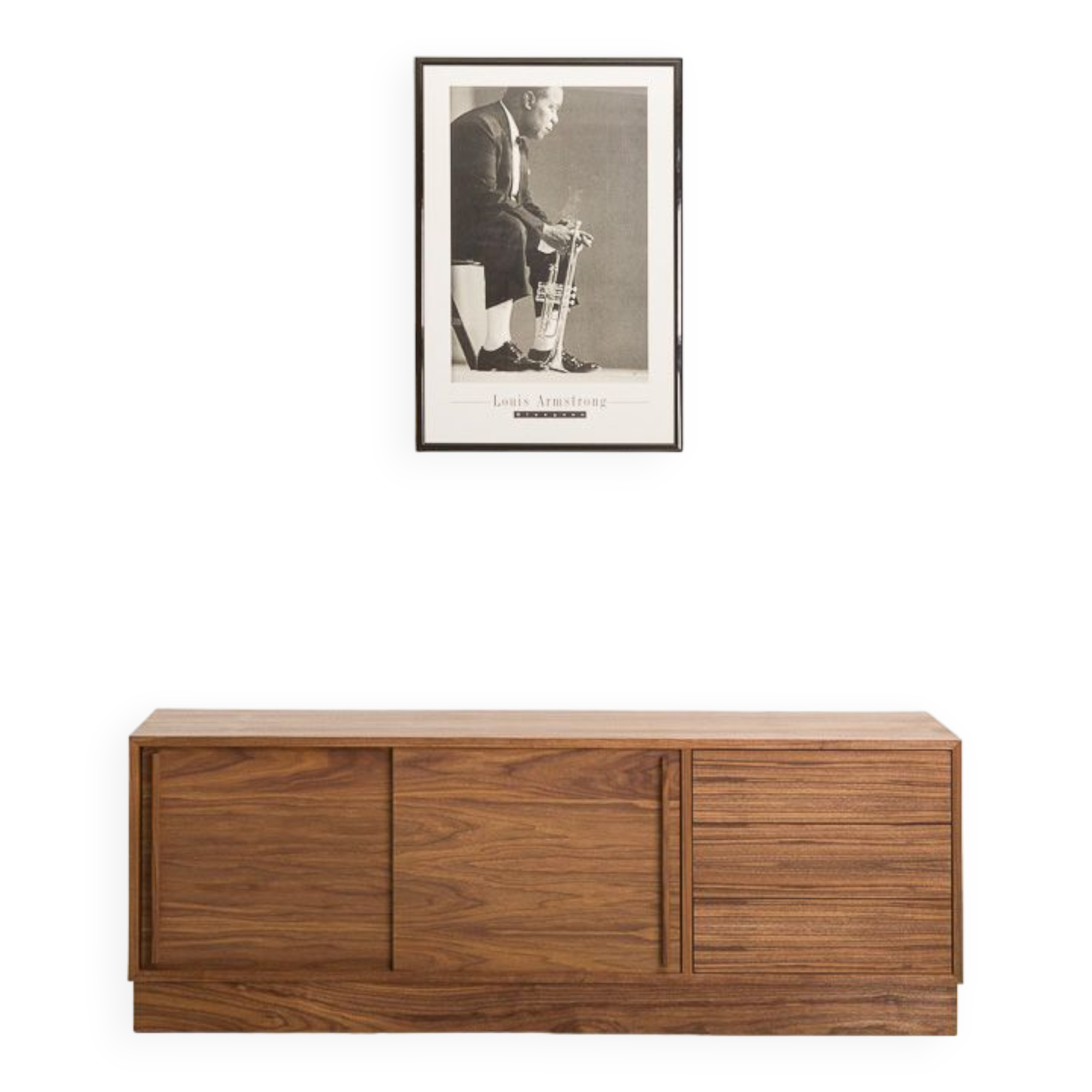 Oiled walnut TV stand equipped with 2 sliding doors and 3 drawers