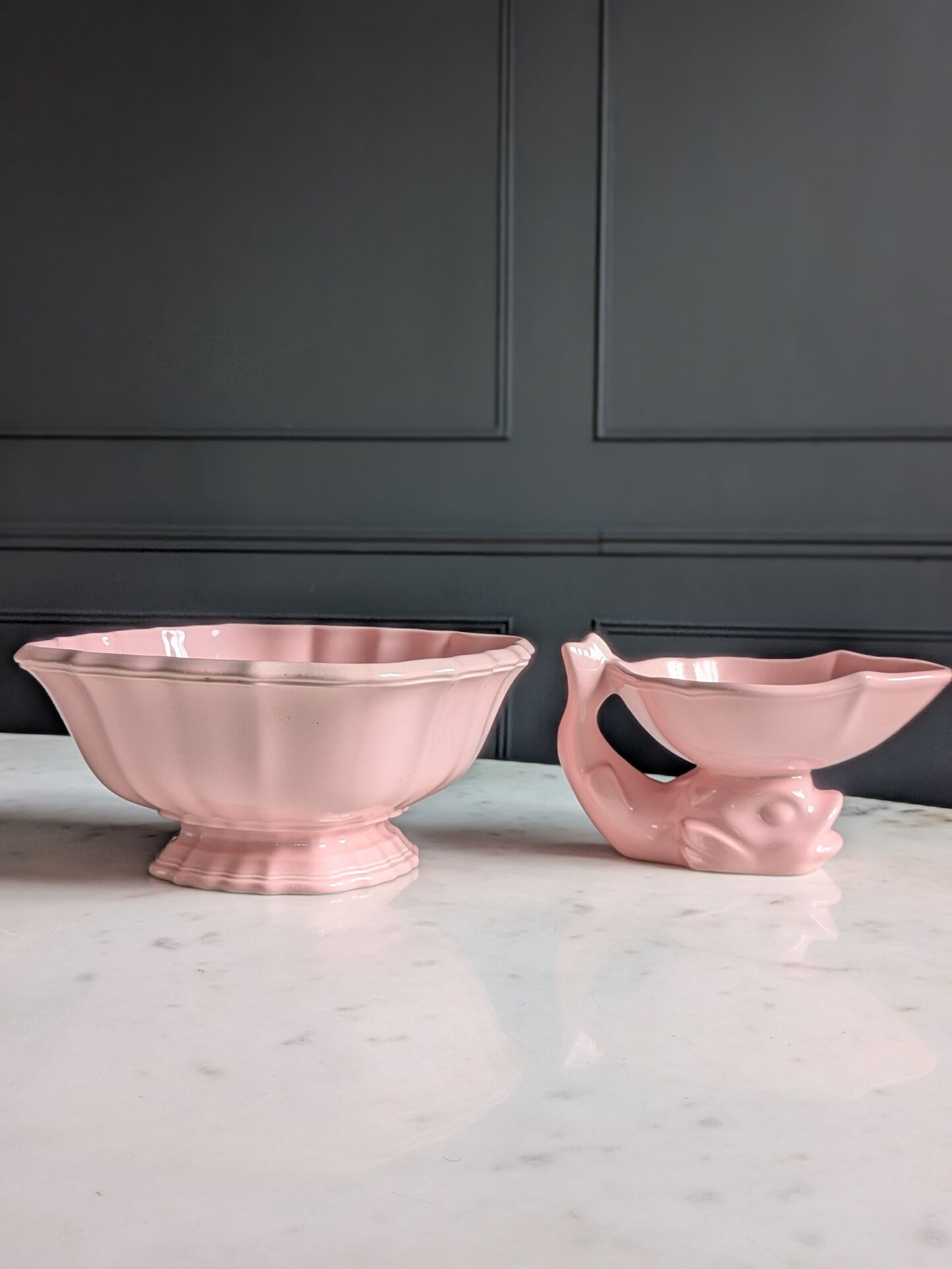 Vintage powder pink earthenware duo. Salins les Bains. 1950s.