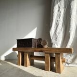 Solid wood bench with openwork base crossed by a cylinder - Mango wood