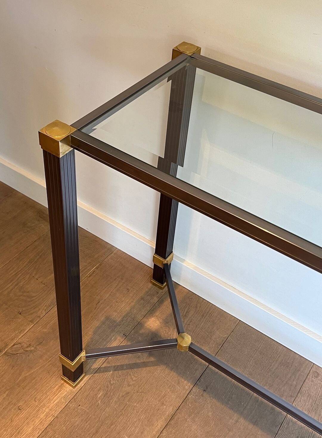 Glass Top Console in Lacquered Aluminium and Gold Metal, Pierre Vandel,