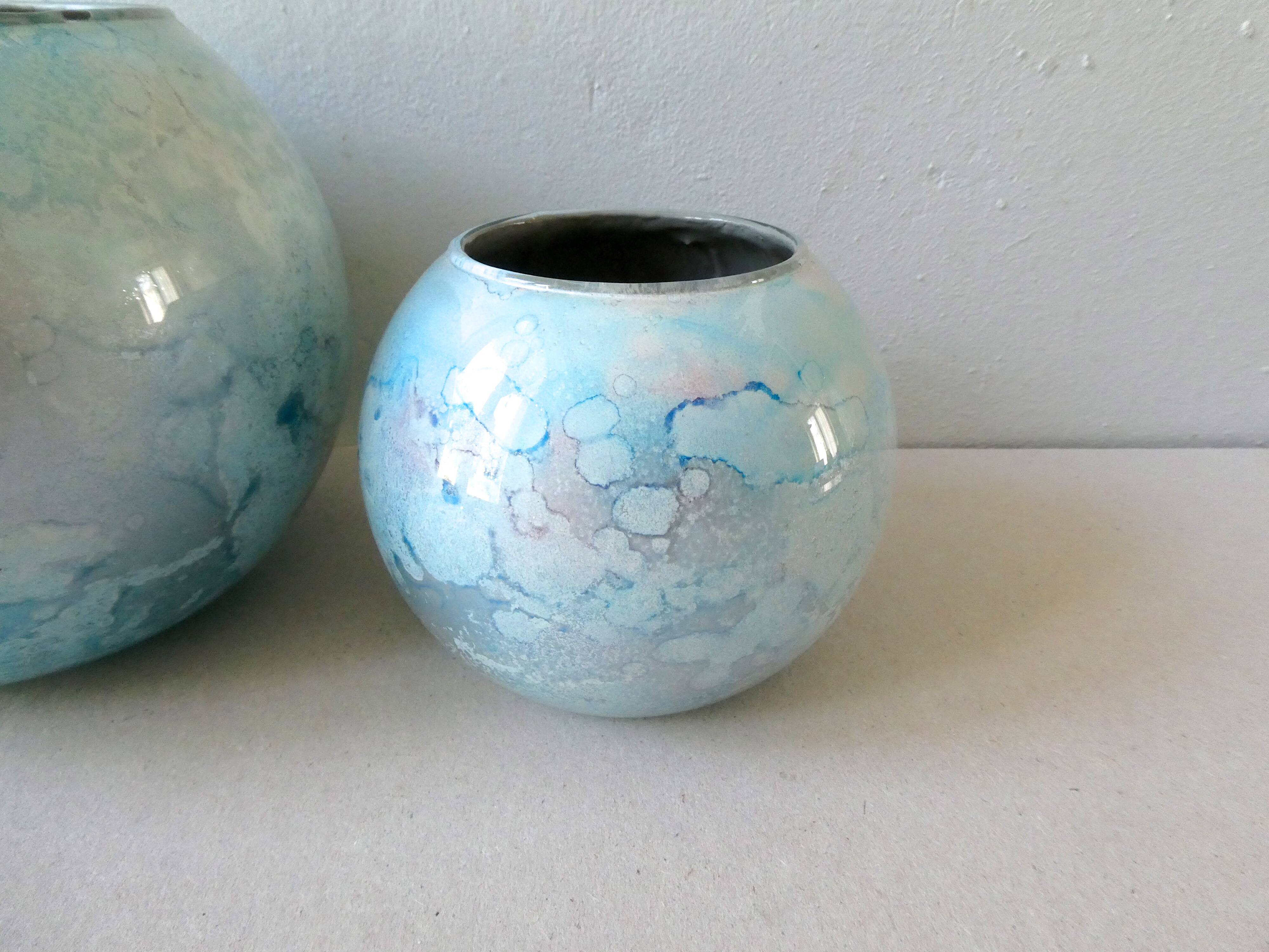 Pair of lacquered glass ball vases by Jean Noel Bouillet, 60/70