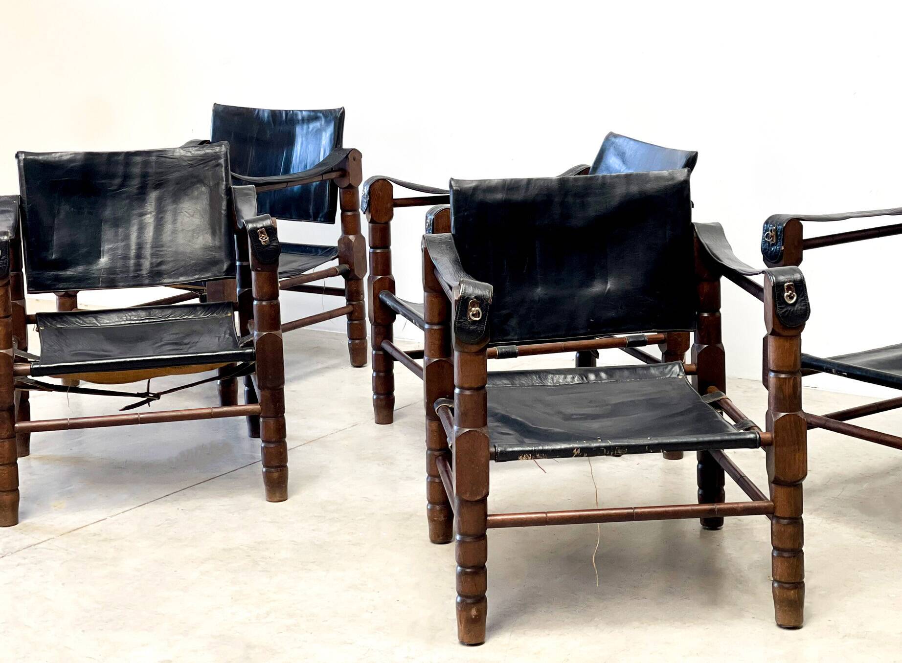 Mid century leather safari armchairs, 1960s