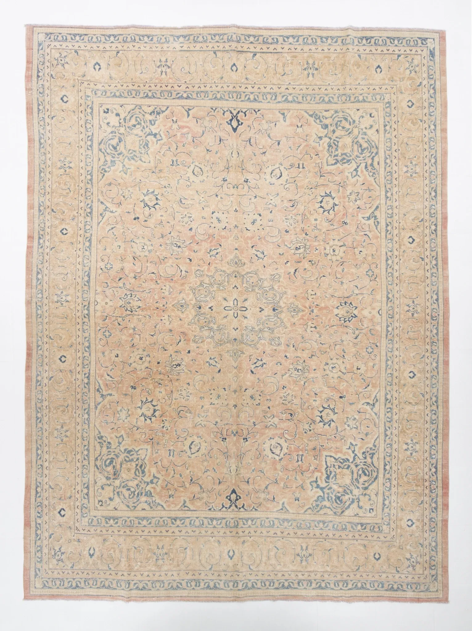Peach Pink Large Persian Rug, Floral Bordered Vintage Carpet, 292x387Cm