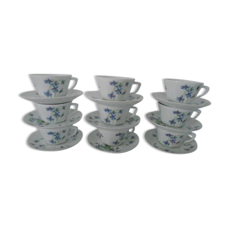 9 cups - porcelain subcups décor violet Limoges Frugier Aluminite flowers