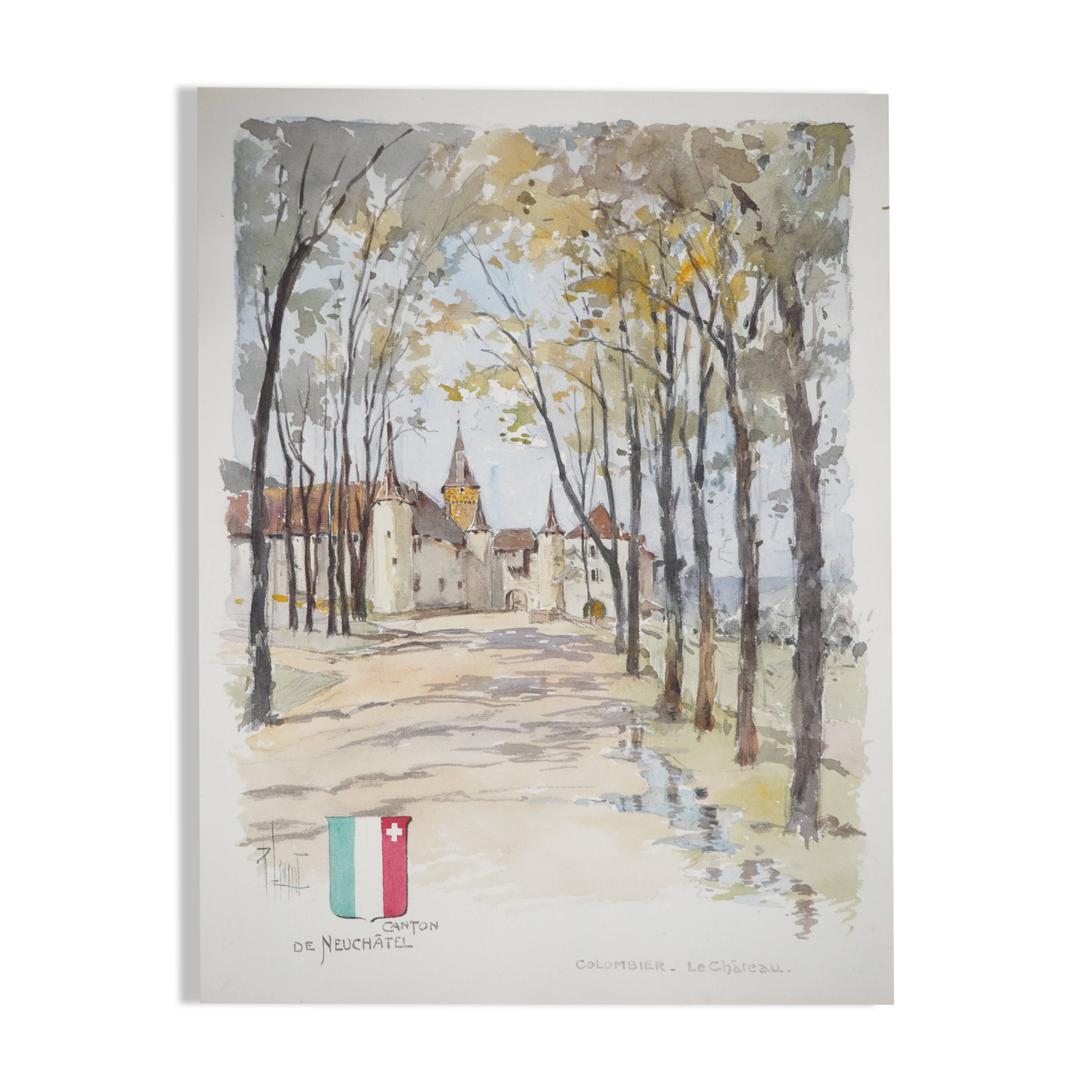 René LEVERD: Switzerland, Château de Colombier, original signed watercolour.